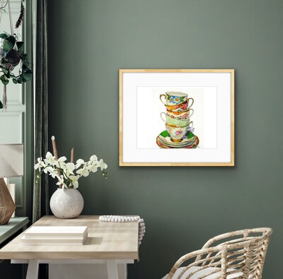 "Vintage Tea Cups" 🫖 Original Watercolor Painting by Pierrette Komarek - image3